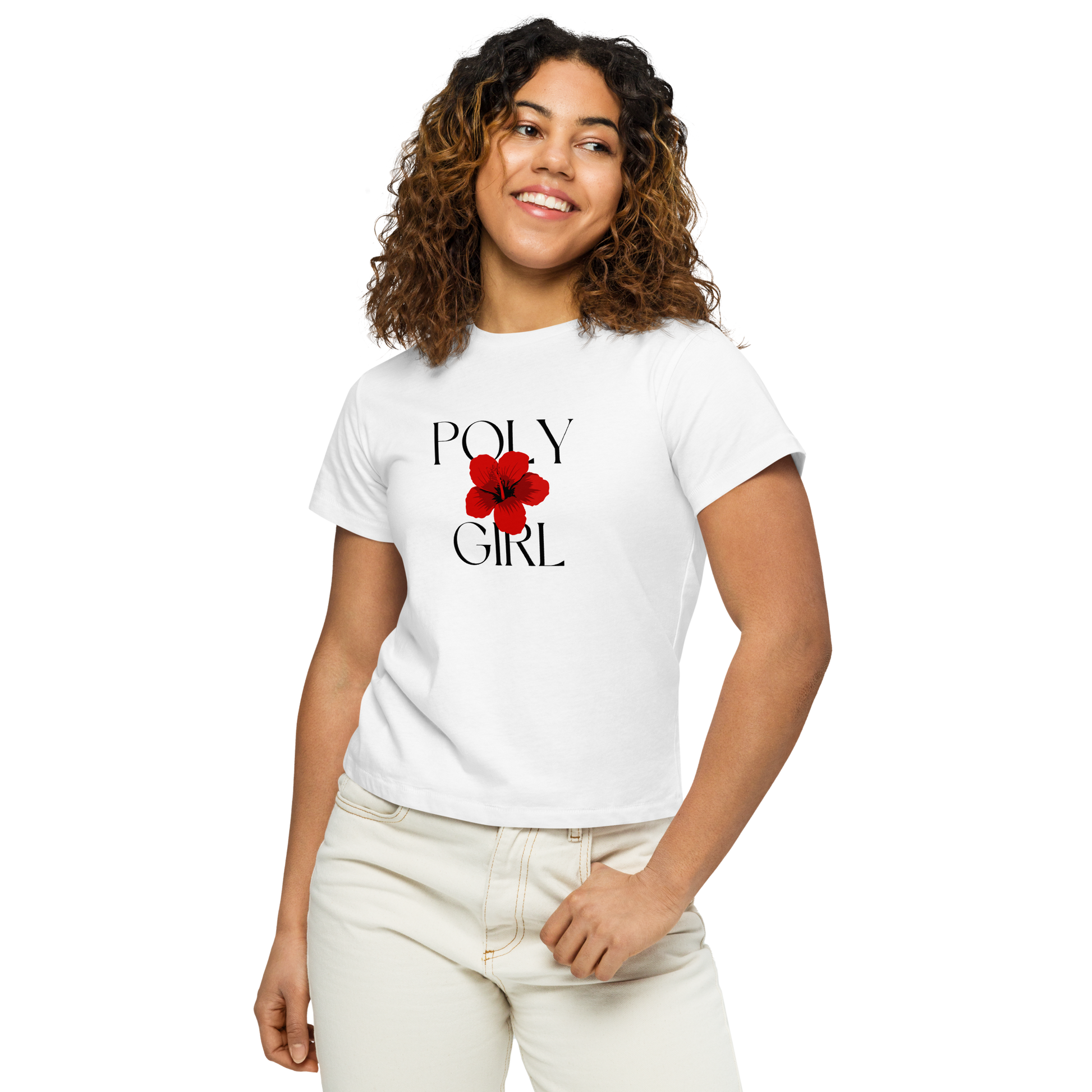 Model wearing Poly Girl logo tee in white