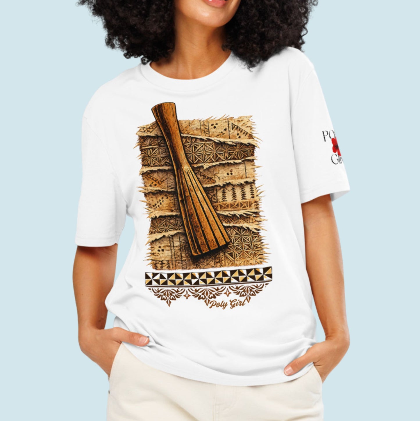 Model wearing a Ike and Kupesi tee by Poly Girl 