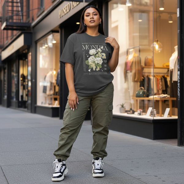 Woman wearing a graphic t-shirtwith Monu'ia design and cargo pants standing on a city street.