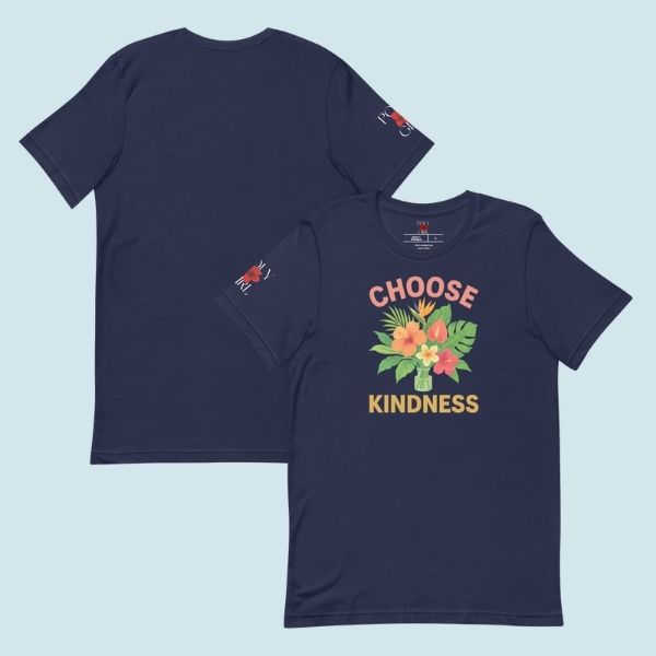 Navy-colored tee with vibrant floral illustration and Choose Kindness text