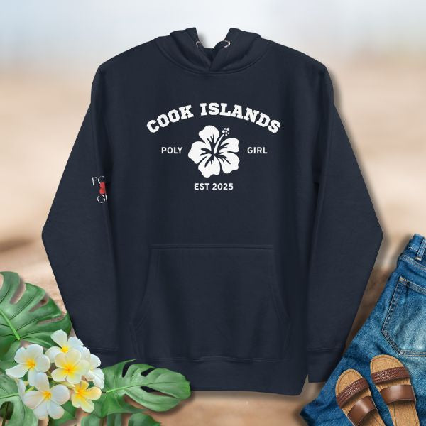 Navy hoodie featuring Cook Islands hibiscus and EST 2025 design