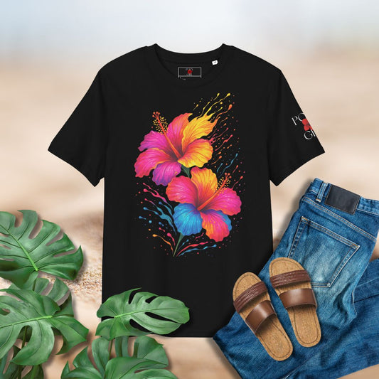 A black Poly Girl t-shirt featuring two radiant hibiscus flowers in neon pink, orange, and blue with paint-splash accents.