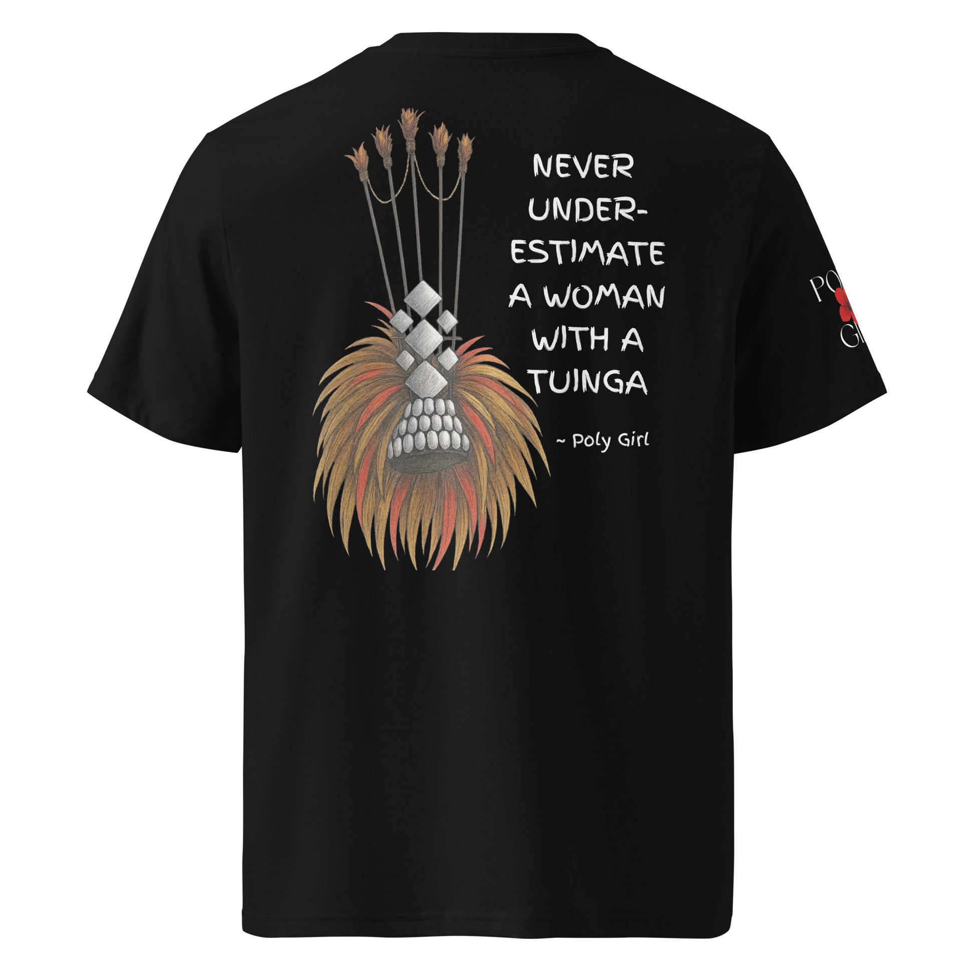 Never Underestimate a woman with a tuinga design on a black tshirt by Poly Girl 