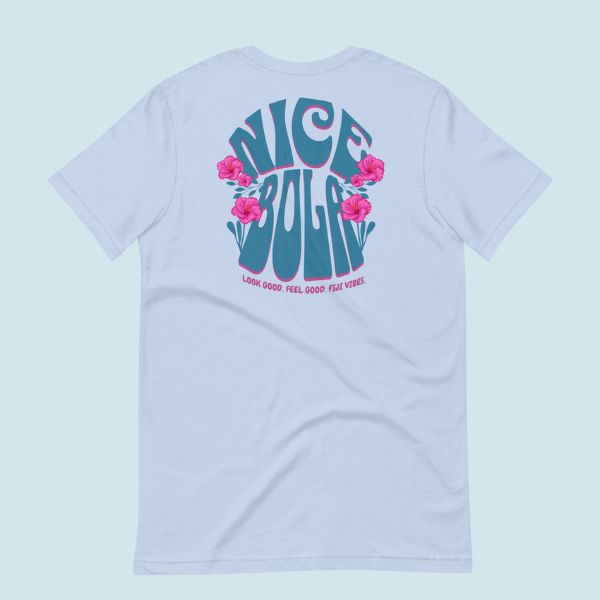 Light blue t-shirt with 'Nice Bola' text and floral design on a light blue background
