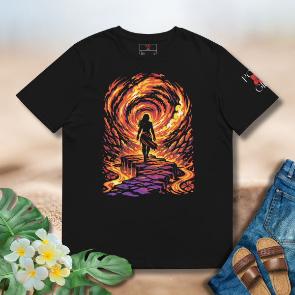 Onward Tee graphic featuring a forward-moving silhouette against a fiery abstract backdrop