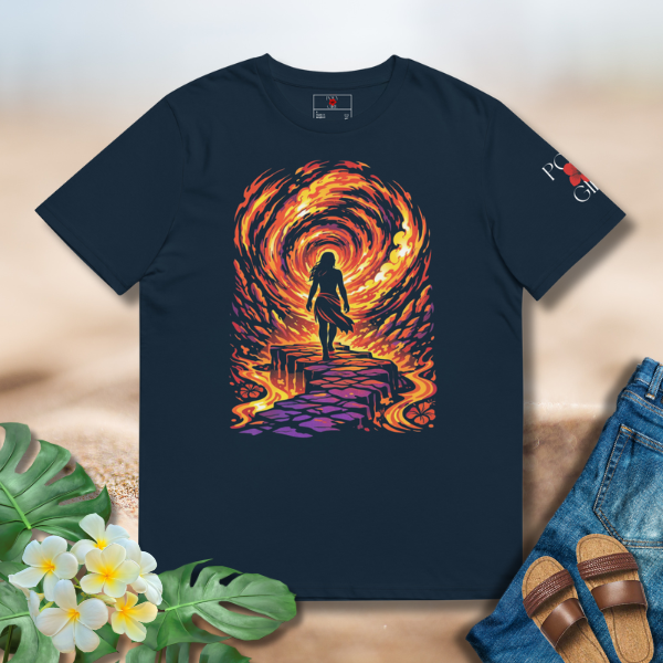 Onward Tee graphic featuring a forward-moving silhouette against a fiery abstract backdrop in blue