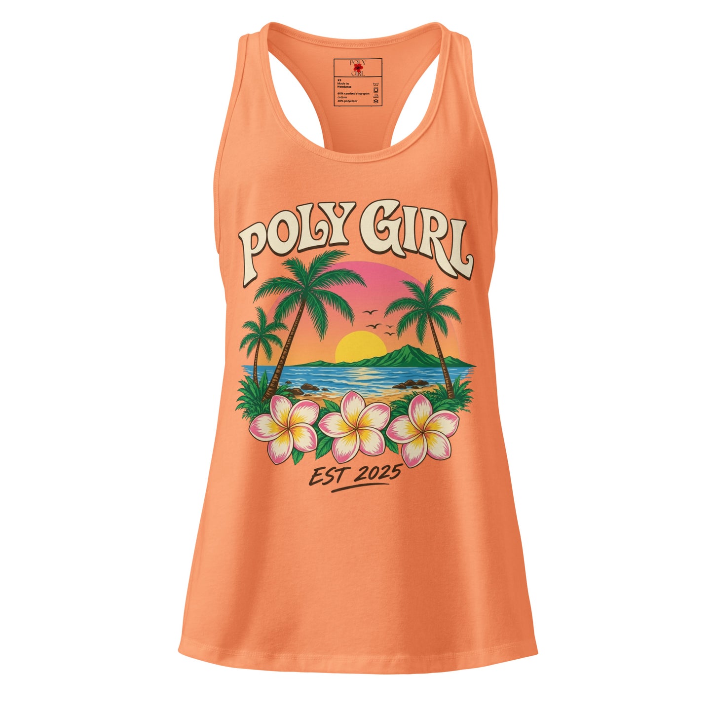 Orange tank top with tropical island design by Poly Girl 