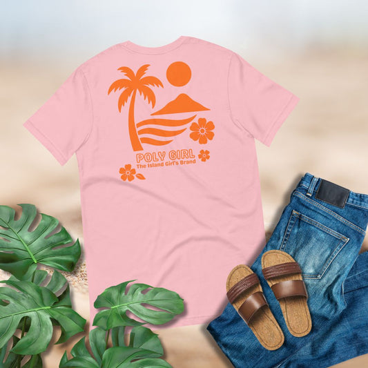 Pink tshirt with orange design of sun, mountain, palm tree and flowers with the text "Poly Girl, The Island Girl's Brand", paired with blue jeans and brown sandals. 