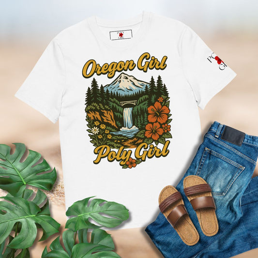 White t-shirt with 'Oregon Girl Poly Girl' design, paired with jeans and sandals on a neutral background.
