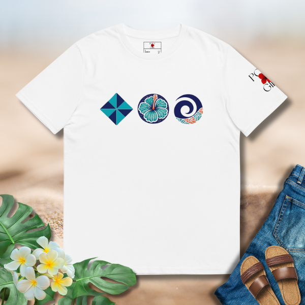 Organic cotton white tee with minimalist Polynesian-inspired trinity symbols.
