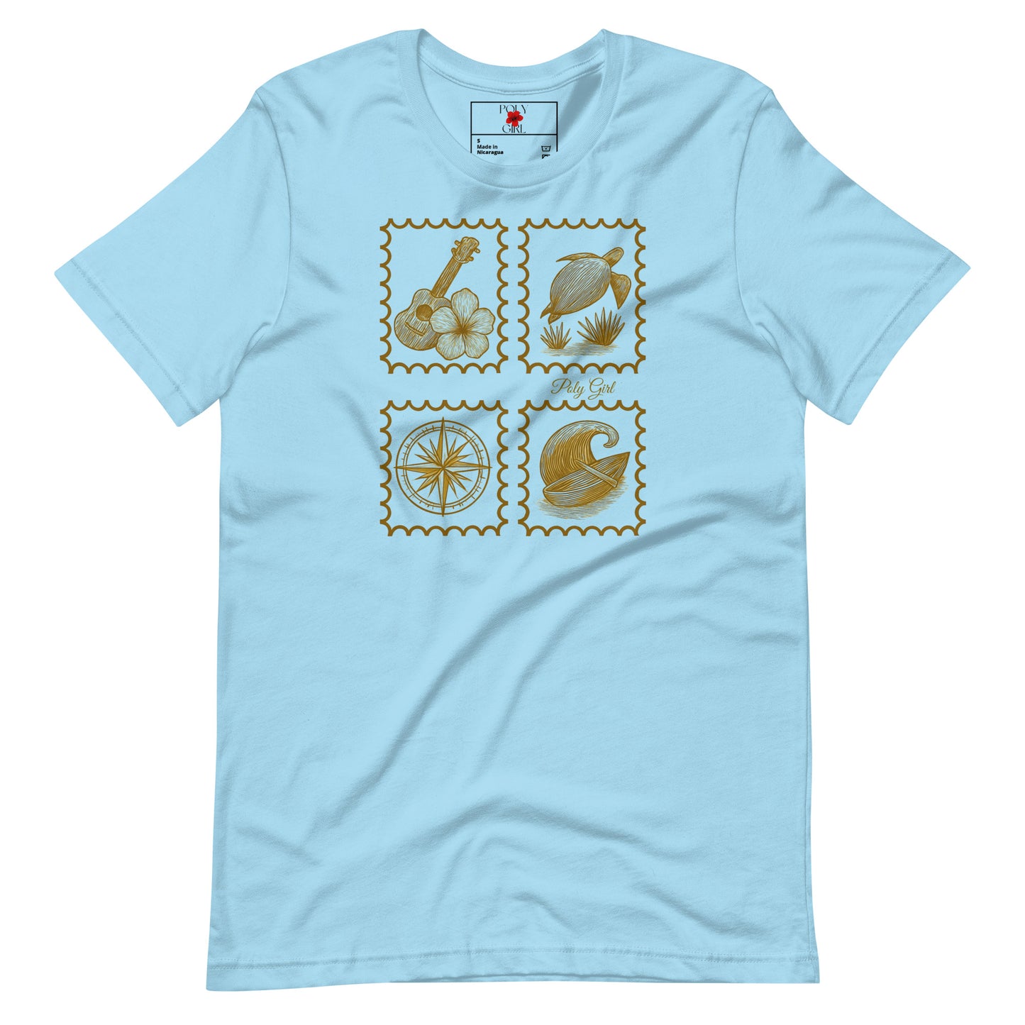 Pacific_Vintage_Stamp_tee by Poly Girl in ocean blue