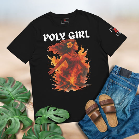 Black t-shirt with 'Poly Girl' design featuring Pele, Goddess of Fire design set against a mockup paired with jeans and sandals on a neutral background.