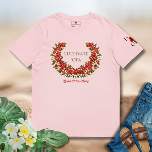 Pink shirt with Cultivate 'Ofa and Good Vibes Only by Poly Girl 