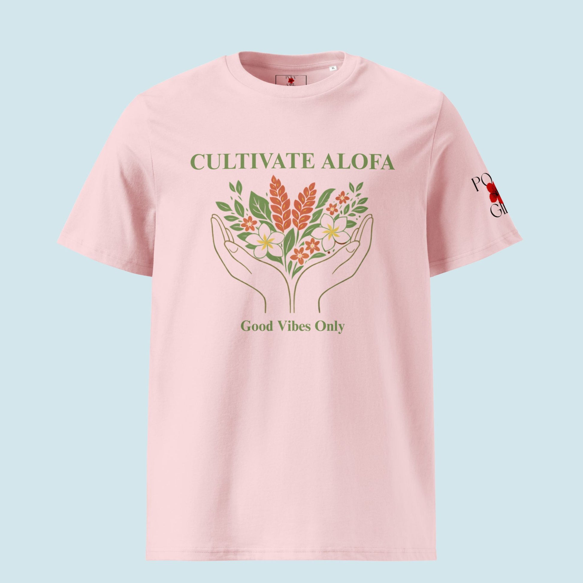 Pink t-shirt with floral design and Cultivate Alofa tee on a light blue background