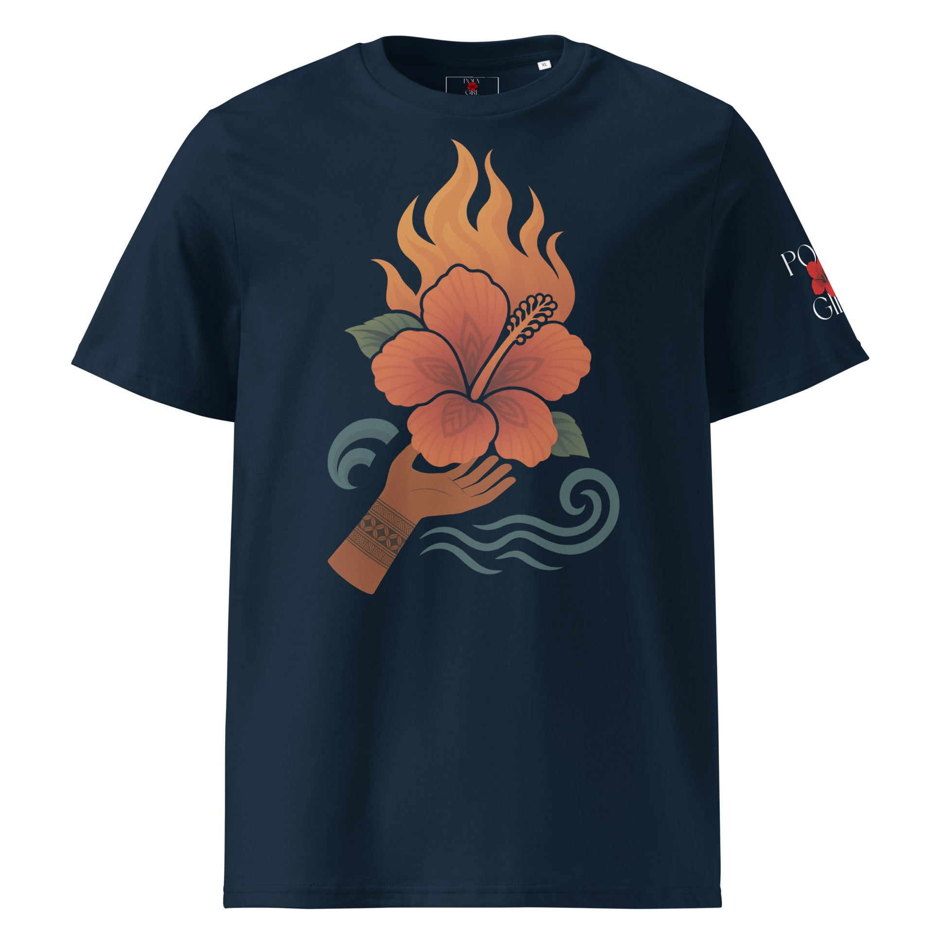 Poly Girl Carry Potential Tee with tattooed hand lifting hibiscus flame and waves.