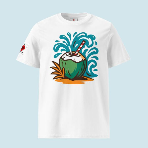 White t-shirt with a coconut graphic on a light blue background