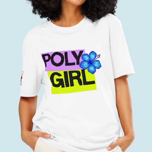 Close-up of Poly Girl Confetti Tee graphic and distressed detail