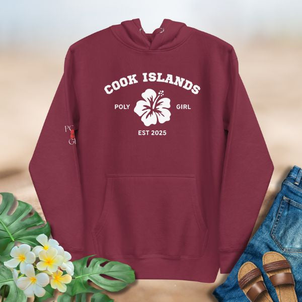 Poly Girl Cook Islands hoodie with minimalist white hibiscus graphic