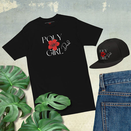 Mens' Black T-shirt and Baseball Hat with Poly Girl logo and Dad written on them paired jeans on gray background with tropical leaves. Poly Girl, The Island Girl's brand.
