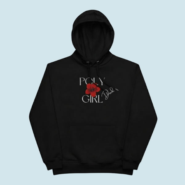 Black hoodie with 'Poly Girl' design on a light blue background