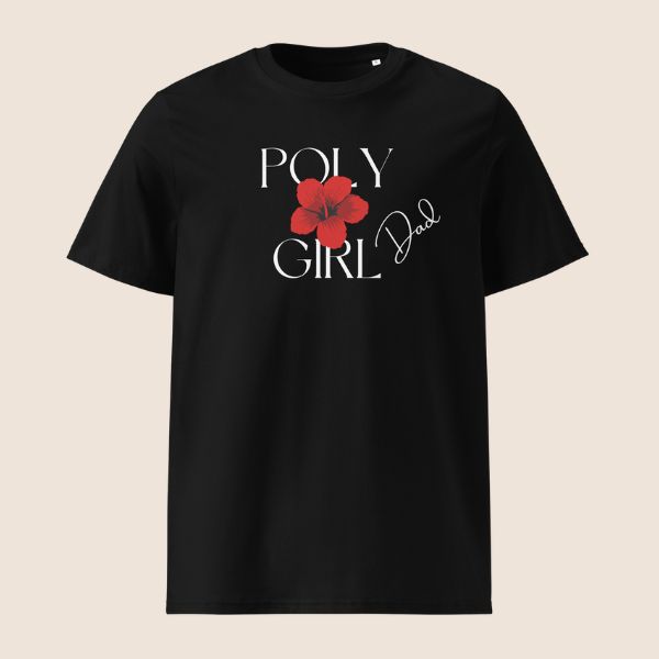 Black t-shirt with 'Girl Dad' text and red flower graphic on a beige background