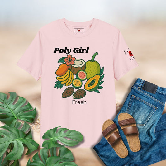 Pink tshirt with fresh fruiits, banana, guava, papaya, coconut, and taro roots and jackfruit printed on the front with the words Poly Girl Fresh, showcasing abundance in Polynesian and Pacific Island life. 