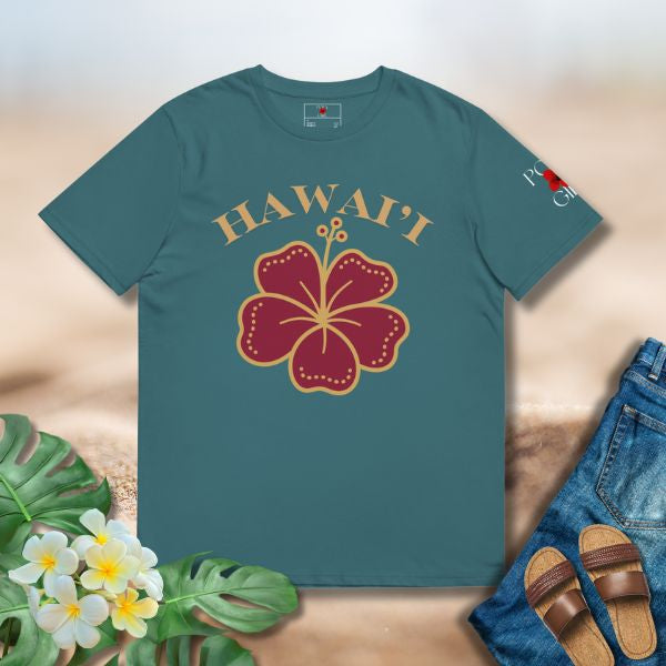Poly Girl Hawai‘i Hibiscus Tee made from organic cotton with island-inspired hibiscus graphic
