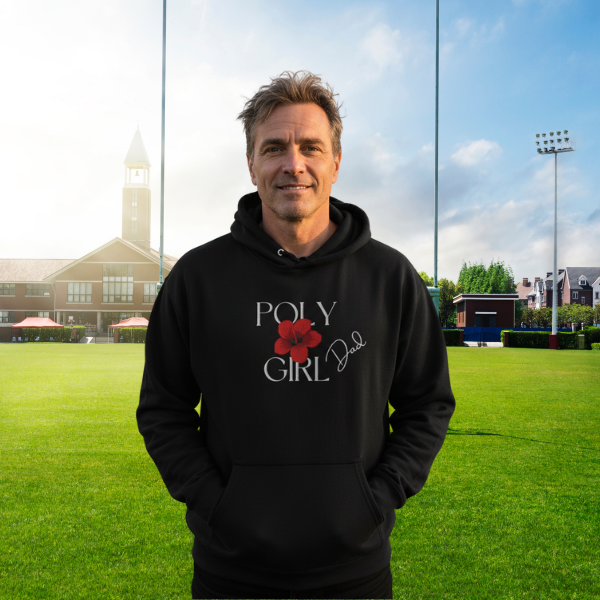 Man wearing a black hoodie with 'Poly Girl Dad' text and red hibiscus flower graphic by Poly Girl, The Island Girl's Brand