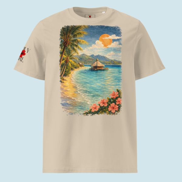 Poly Girl Island Reverie design showcasing a serene Cook Islands tropical shoreline illustration 