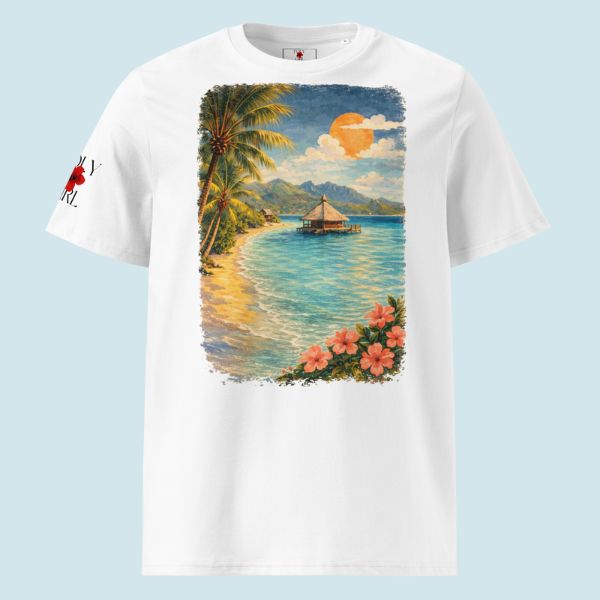 White t-shirt with a tropical beach graphic on a light blue background