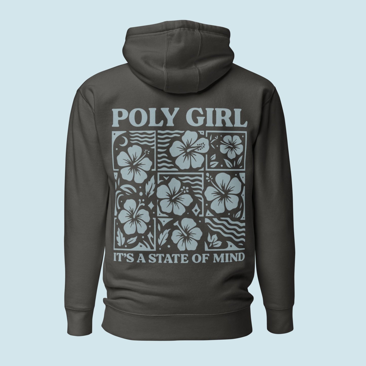 Up close image of Poly Girl Hibiscus Block Hoodie design with florals and the words It's a State of Mind in Vintage Black Color 