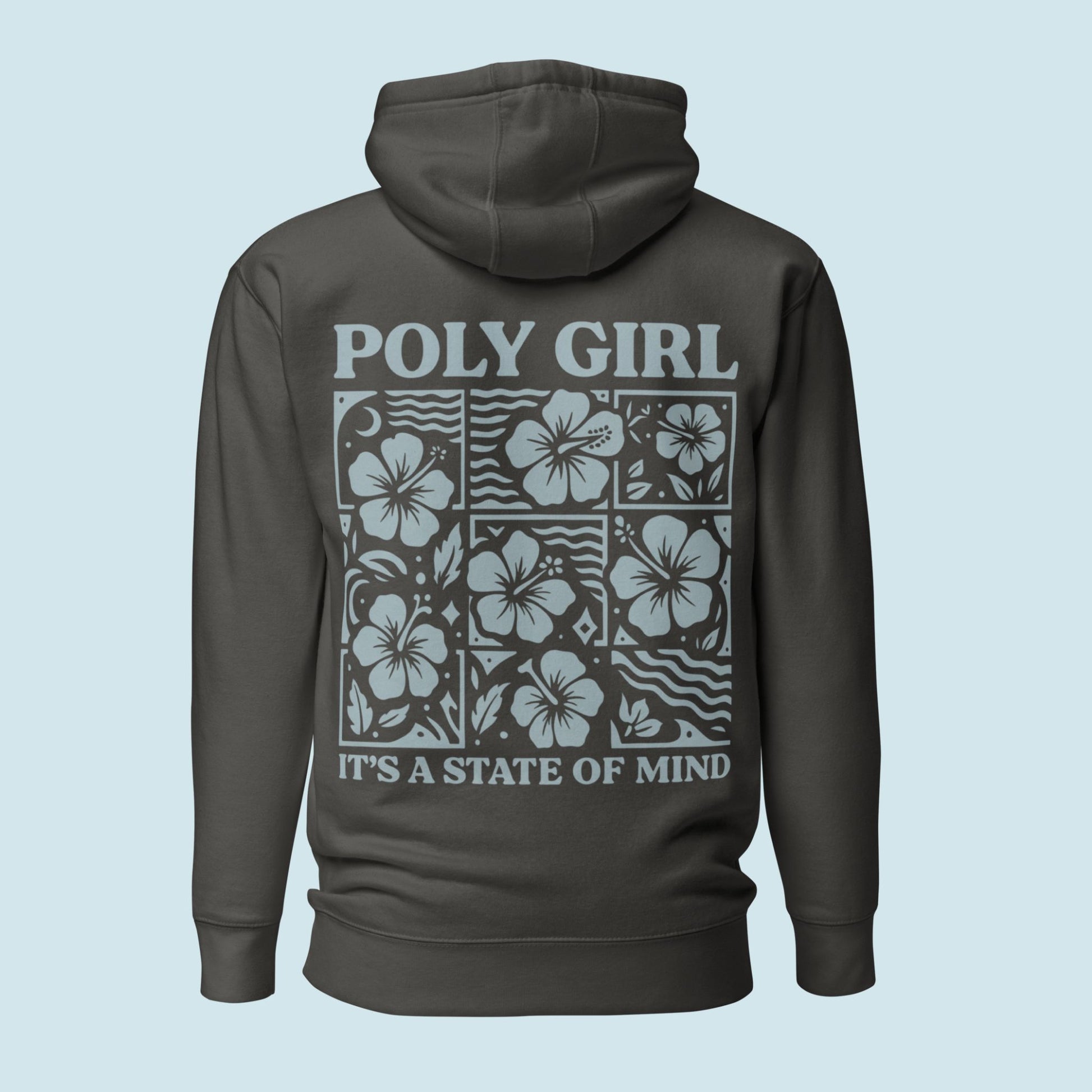 Up close image of Poly Girl Hibiscus Block Hoodie design with florals and the words It's a State of Mind in Vintage Black Color 