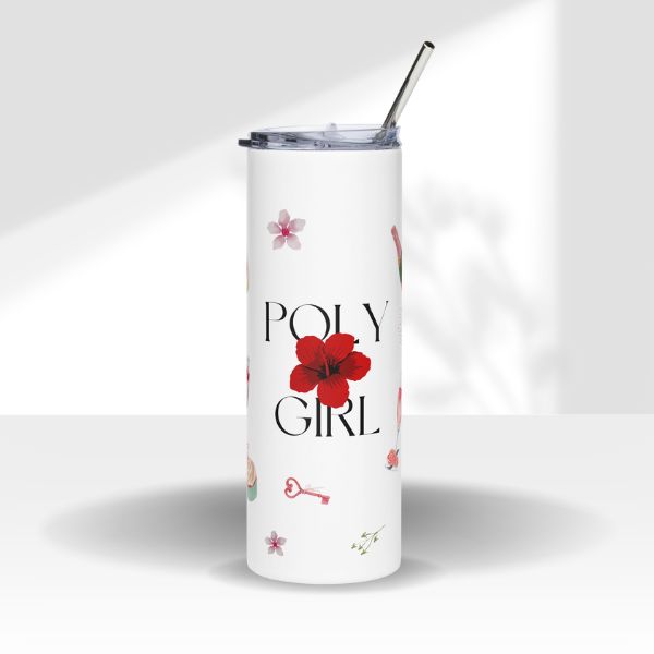Close-up of the Poly Girl Refresher 24oz tumbler with mixed beverage artwork and reusable straw.