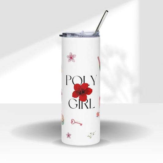 Close-up of the Poly Girl Refresher 24oz tumbler with mixed beverage artwork and reusable straw.