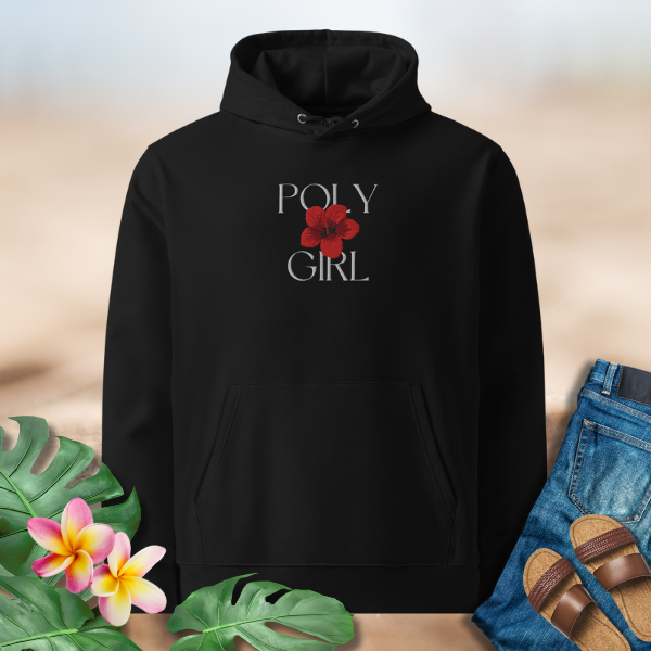 Premium black hoodie with Poly Girl signature red hibiscus embroidery representing heritage and strength