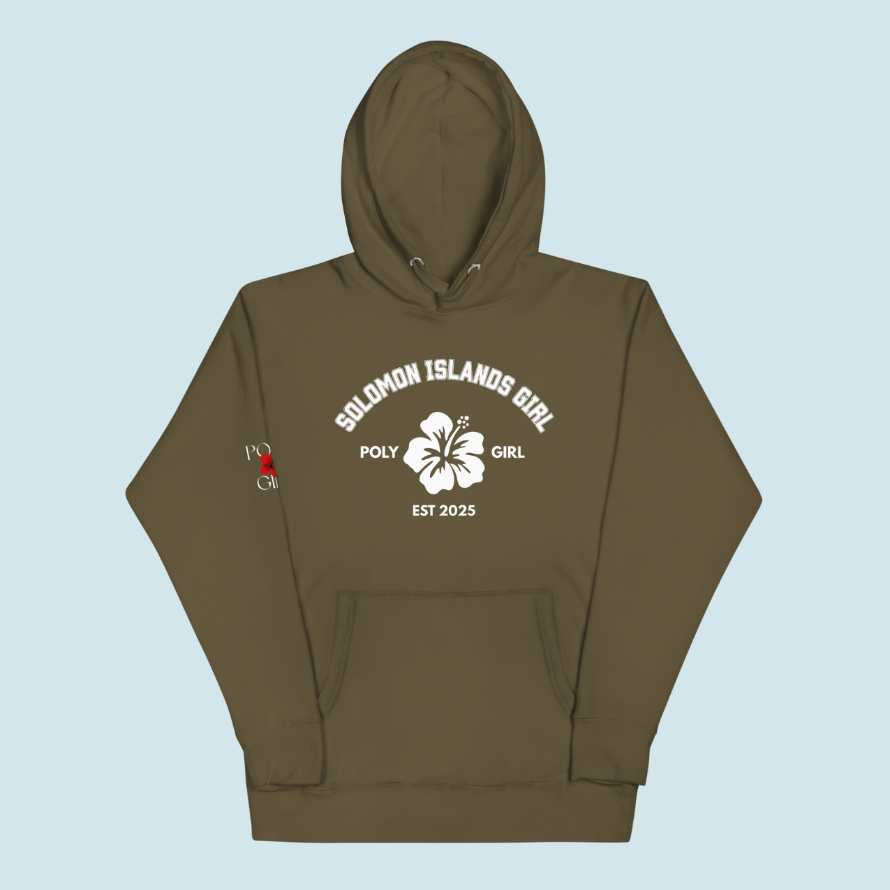 Poly Girl Solomon Islands Girl hoodie front view in military green