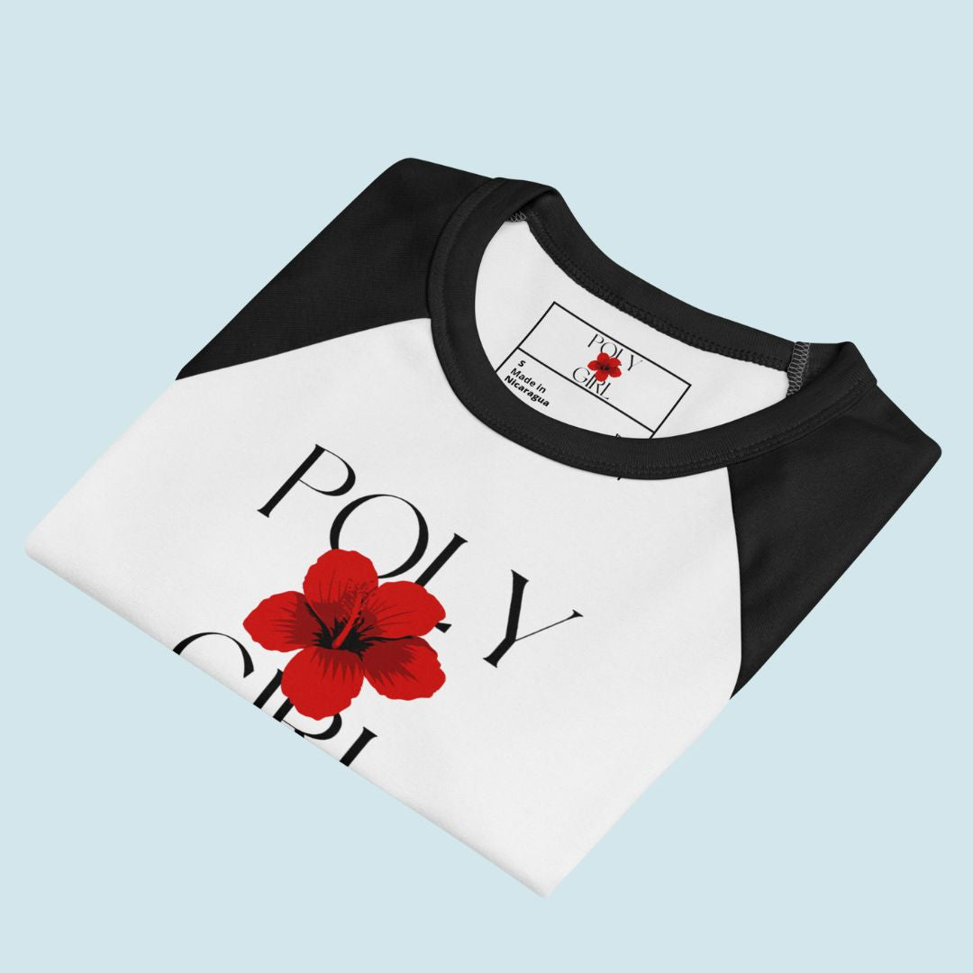 Poly Girl brand crop tee showcasing iconic hibiscus logo design