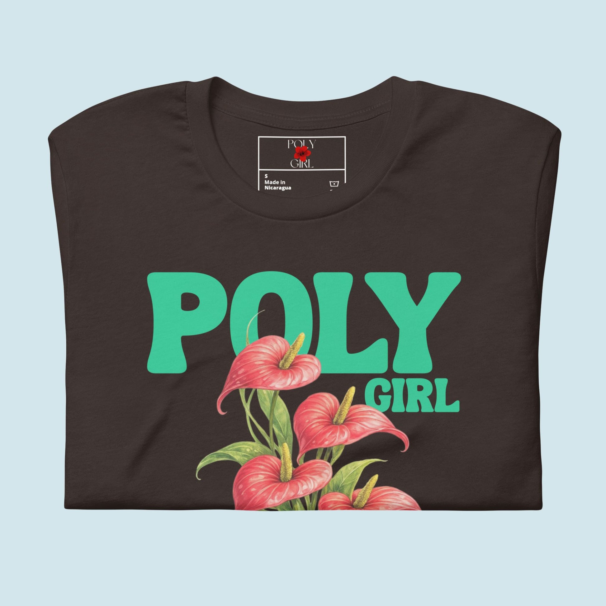 Poly Girl brown tshirt with Anthurium design