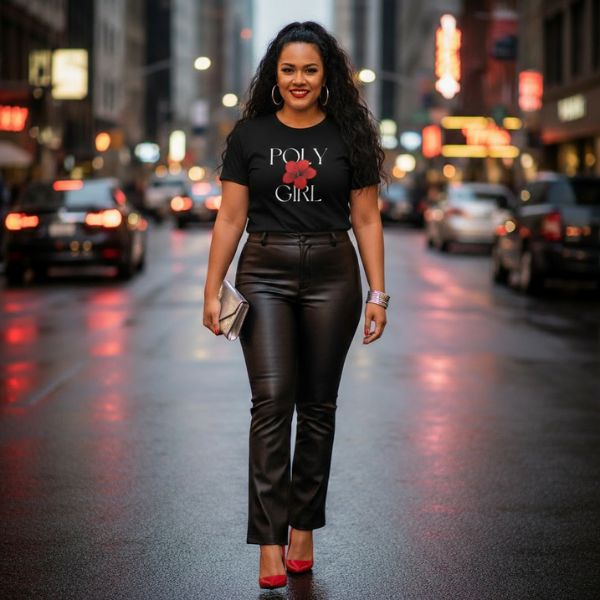Woman wearing a black t-shirt with 'Poly Girl' text and red hibiscus logo graphic on a city street.