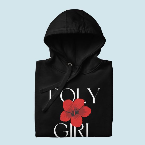 Black Poly Girl hoodie with red hibiscus flower and white text on a light blue background