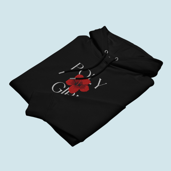 Black hoodie with red floral design and text on a light blue background
