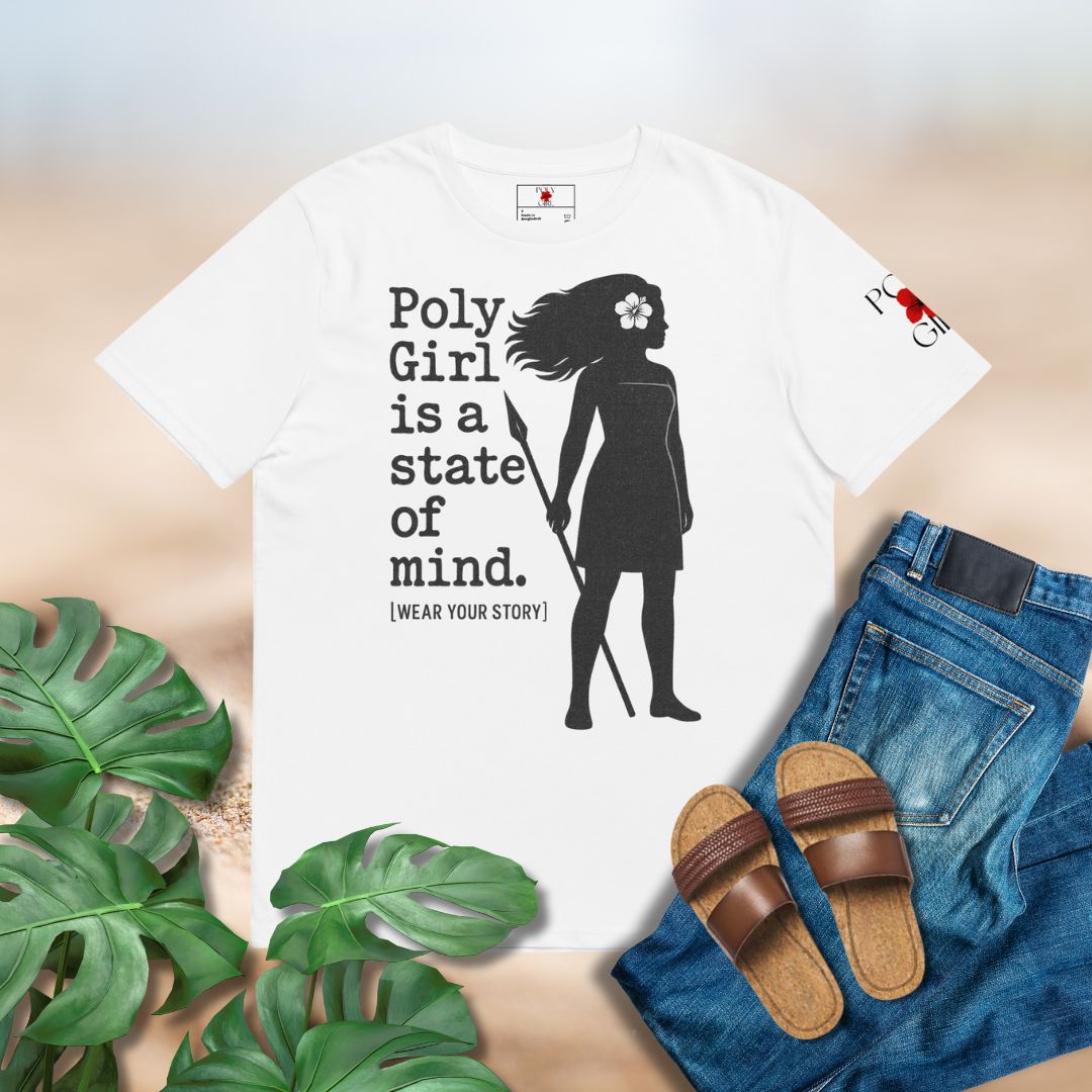 Empowering Poly Girl tee with hibiscus detail, bold stencil lettering, and [WEAR YOUR STORY] tagline"