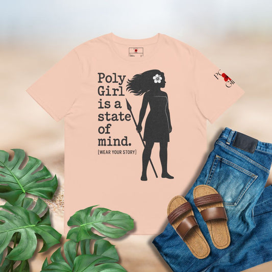 Poly Girl is a state of mind t-shirt with stencil text and Polynesian woman silhouette holding spear