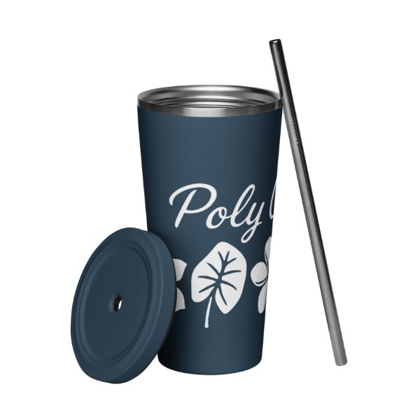Navy blue tumbler with floral design, lid, and straw on a white background