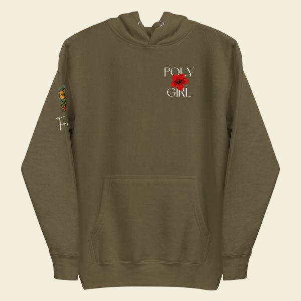 Olive green hoodie with 'Poly Girl'  logo on front of Aga'i i luma hoodie.