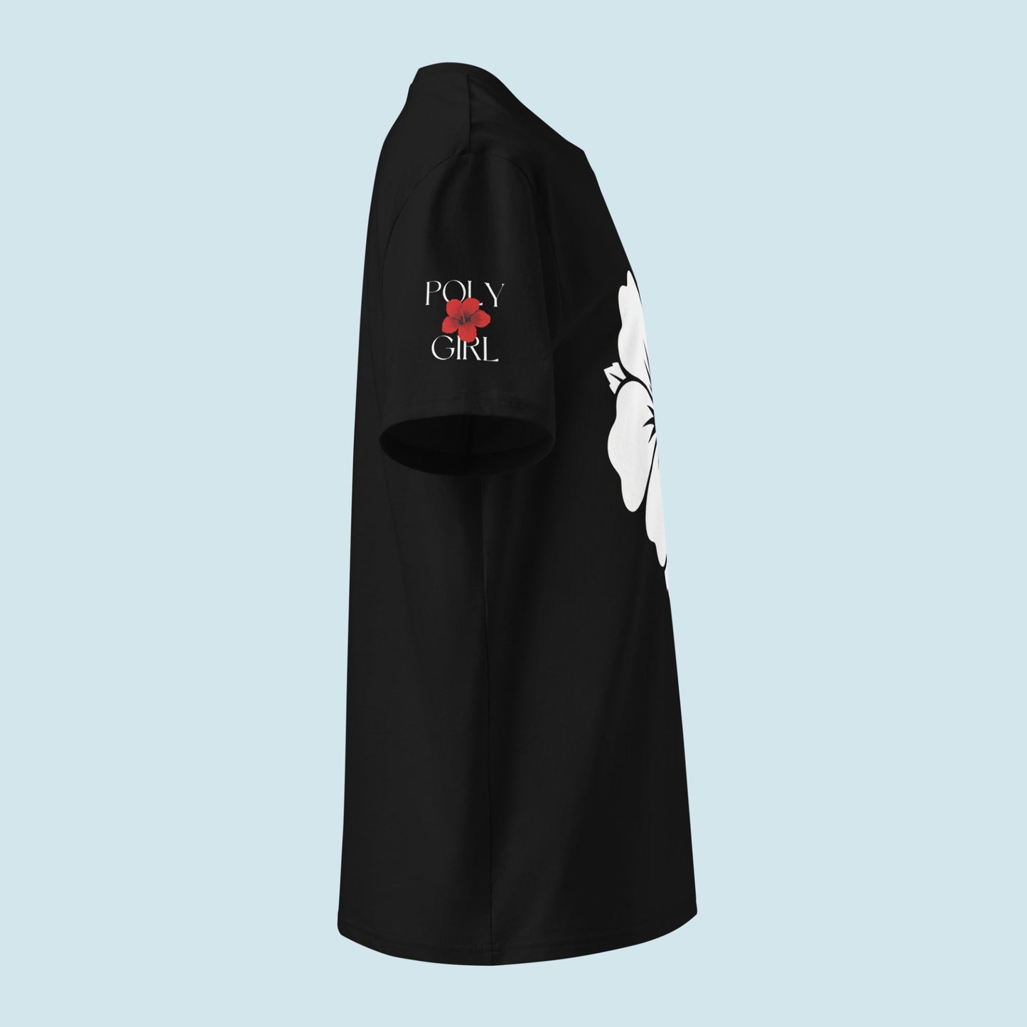 Poly Girl logo on Hibiscus graphic tee