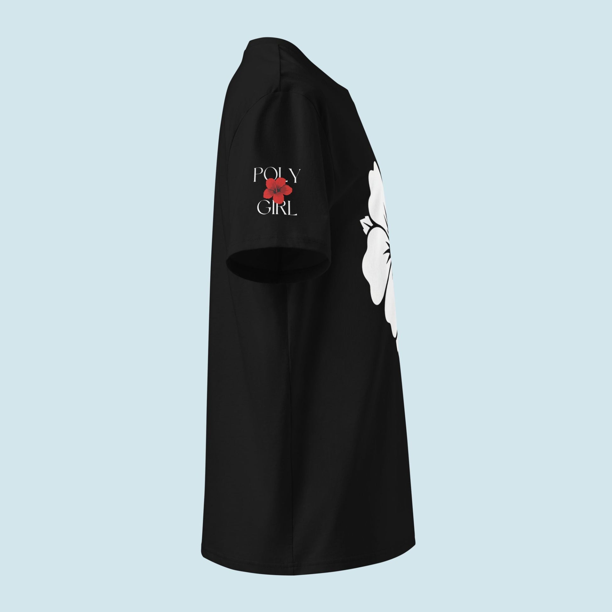 Poly Girl logo on Hibiscus graphic tee