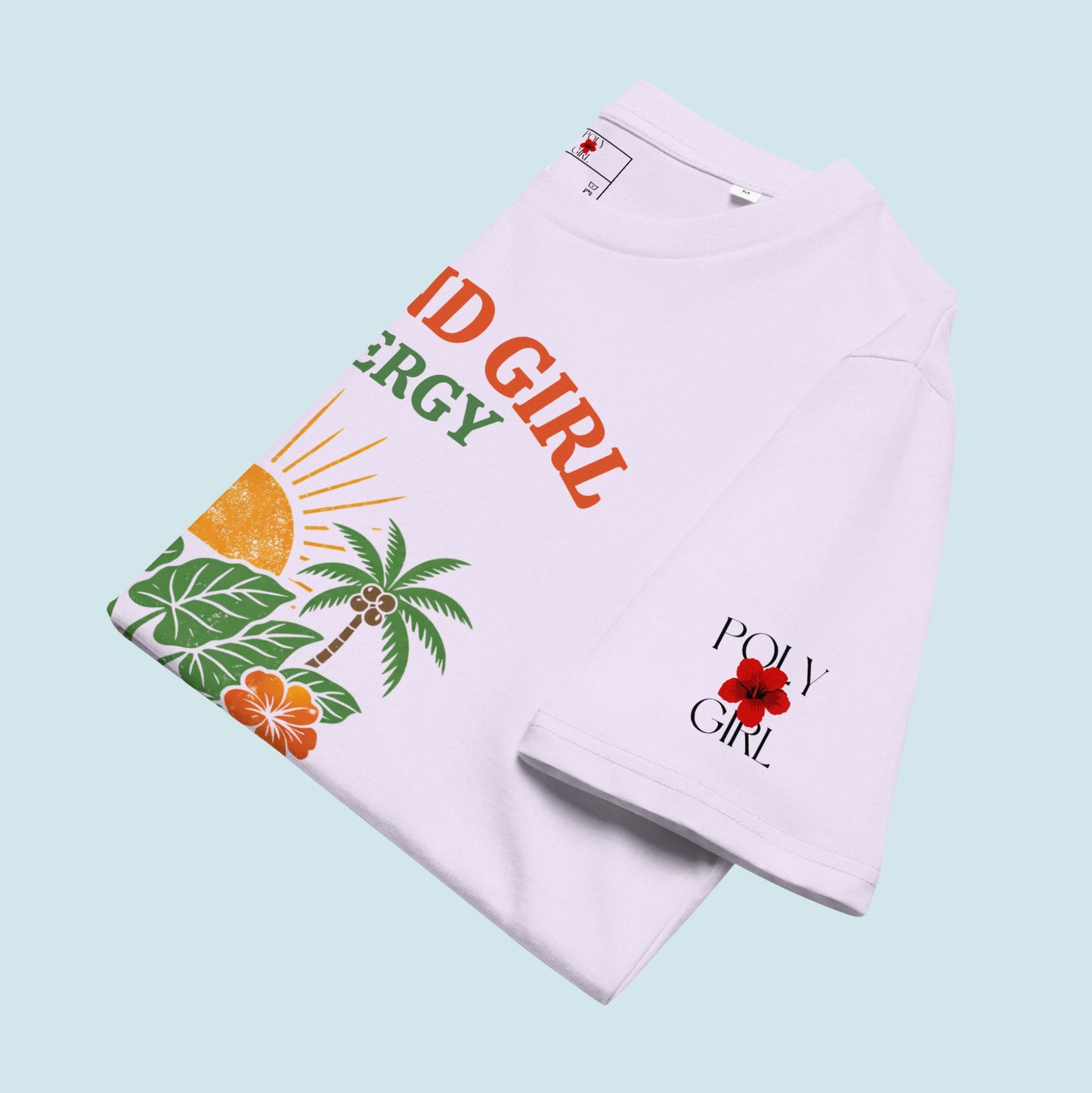 Folded Island Girl Energy T-shirt with Poly Girl logo on sleeve