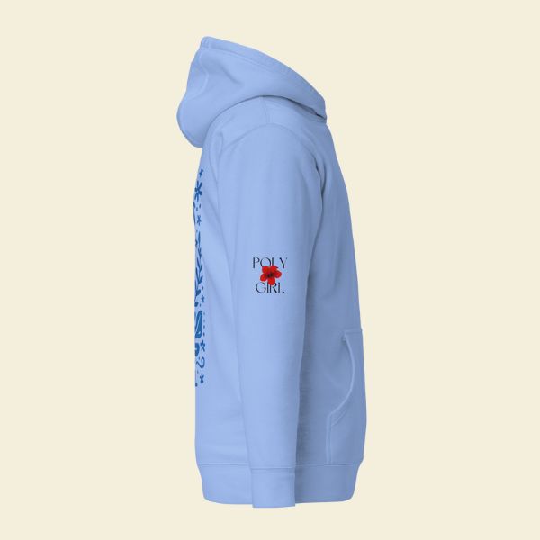 Light blue hoodie with 'Poly Girl' logo on a beige background