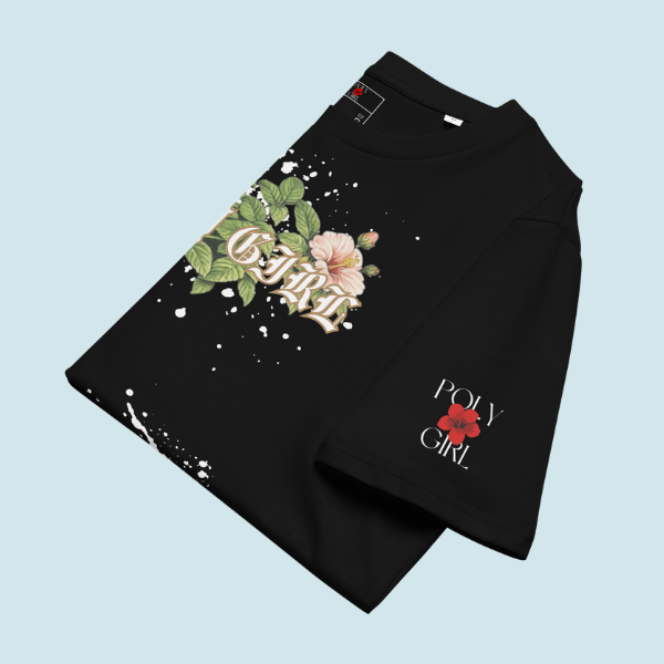 Folded view of Mode Tee with Poly Girl logo n left sleeve